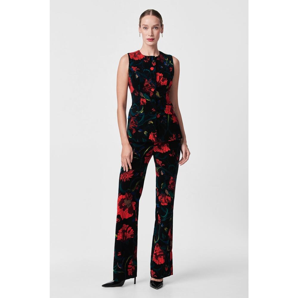 Trina Turk Westport Printed Velvet Pants Trouser Haute Habotai Floral Black 14